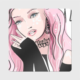 Магнит виниловый Квадрат с принтом Очаровательная милая девушка с розовыми волосами в Курске, полимерный материал с магнитным слоем | размер 9*9 см, закругленные углы | Тематика изображения на принте: блестками | волосами | восхитительная | девушка | иллюстрация | красивая | мечтательная | милая | рисунок | розовый | розовыми | руки | украшения | украшениями | фэшн