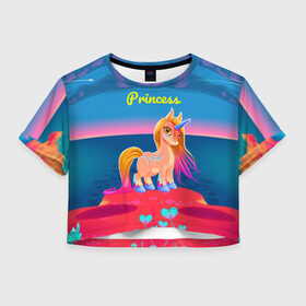 Женская футболка Cropp-top с принтом Милый единорог в Курске, 100% полиэстер | круглая горловина, длина футболки до линии талии, рукава с отворотами | pony | грива | девочка | единорог | конь | копыта | красивая | лошадка | лошадь | милая | пони | природа закат | радуга