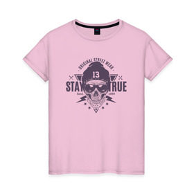 Женская футболка хлопок с принтом Stay true в Курске, 100% хлопок | прямой крой, круглый вырез горловины, длина до линии бедер, слегка спущенное плечо | одежда | оригинальная | оставайся | уличная | честным