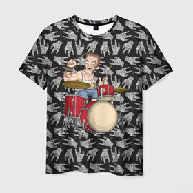 Мужская футболка 3D с принтом Барабанщик в Курске, 100% полиэфир | прямой крой, круглый вырез горловины, длина до линии бедер | Тематика изображения на принте: punk | rock | коза | металл | музыка | музыкант | неформал | неформальная | пальцы | панк | панки | рок | тяжелая