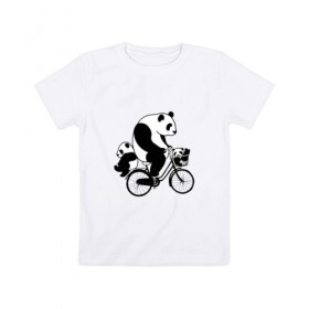 Детская футболка хлопок с принтом Панда на велике в Курске, 100% хлопок | круглый вырез горловины, полуприлегающий силуэт, длина до линии бедер | Тематика изображения на принте: велосипед | детеныши панды | животные | медведи | панда | панда катается | панда на велике | три панды | черно белые