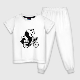 Детская пижама хлопок с принтом Панда на велике в Курске, 100% хлопок |  брюки и футболка прямого кроя, без карманов, на брюках мягкая резинка на поясе и по низу штанин
 | Тематика изображения на принте: велосипед | детеныши панды | животные | медведи | панда | панда катается | панда на велике | три панды | черно белые