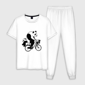 Мужская пижама хлопок с принтом Панда на велике в Курске, 100% хлопок | брюки и футболка прямого кроя, без карманов, на брюках мягкая резинка на поясе и по низу штанин
 | Тематика изображения на принте: велосипед | детеныши панды | животные | медведи | панда | панда катается | панда на велике | три панды | черно белые