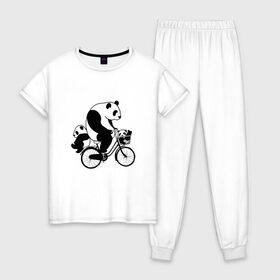 Женская пижама хлопок с принтом Панда на велике в Курске, 100% хлопок | брюки и футболка прямого кроя, без карманов, на брюках мягкая резинка на поясе и по низу штанин | велосипед | детеныши панды | животные | медведи | панда | панда катается | панда на велике | три панды | черно белые