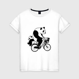 Женская футболка хлопок с принтом Панда на велике в Курске, 100% хлопок | прямой крой, круглый вырез горловины, длина до линии бедер, слегка спущенное плечо | велосипед | детеныши панды | животные | медведи | панда | панда катается | панда на велике | три панды | черно белые