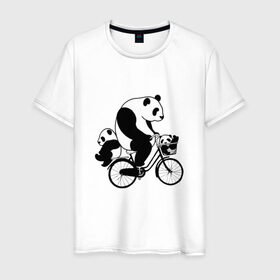 Мужская футболка хлопок с принтом Панда на велике в Курске, 100% хлопок | прямой крой, круглый вырез горловины, длина до линии бедер, слегка спущенное плечо. | велосипед | детеныши панды | животные | медведи | панда | панда катается | панда на велике | три панды | черно белые