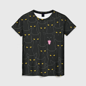 Женская футболка 3D с принтом Чёрные коты в Курске, 100% полиэфир ( синтетическое хлопкоподобное полотно) | прямой крой, круглый вырез горловины, длина до линии бедер | Тематика изображения на принте: black | cat | eyes | halloween | kitten | look | magic | muzzle | mysticism | witch | witchcraft | yellow | ведьма | взгляд | глаза | желтый | колдовство | кот | котёнок | котик | кошачья | магия | мистика | хэллоуин | черный
