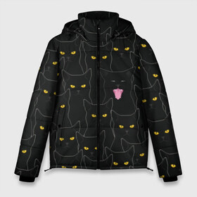 Мужская зимняя куртка 3D с принтом Чёрные коты в Курске, верх — 100% полиэстер; подкладка — 100% полиэстер; утеплитель — 100% полиэстер | длина ниже бедра, свободный силуэт Оверсайз. Есть воротник-стойка, отстегивающийся капюшон и ветрозащитная планка. 

Боковые карманы с листочкой на кнопках и внутренний карман на молнии. | Тематика изображения на принте: black | cat | eyes | halloween | kitten | look | magic | muzzle | mysticism | witch | witchcraft | yellow | ведьма | взгляд | глаза | желтый | колдовство | кот | котёнок | котик | кошачья | магия | мистика | хэллоуин | черный
