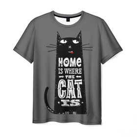 Мужская футболка 3D с принтом Дом там, где твой кот в Курске, 100% полиэфир | прямой крой, круглый вырез горловины, длина до линии бедер | Тематика изображения на принте: black | cat | cool | gray | kitten | motto | muzzle | slogan | text | white | белый | девиз | кот | котёнок | котик | кошачья | лозунг | прикольный | серый | текст | черный