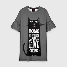 Детское платье 3D с принтом Дом там, где твой кот в Курске, 100% полиэстер | прямой силуэт, чуть расширенный к низу. Круглая горловина, на рукавах — воланы | black | cat | cool | gray | kitten | motto | muzzle | slogan | text | white | белый | девиз | кот | котёнок | котик | кошачья | лозунг | прикольный | серый | текст | черный