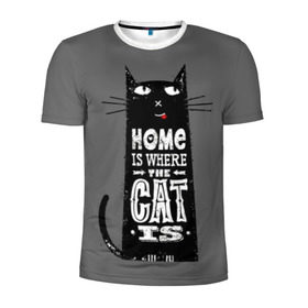 Мужская футболка 3D спортивная с принтом Дом там, где твой кот в Курске, 100% полиэстер с улучшенными характеристиками | приталенный силуэт, круглая горловина, широкие плечи, сужается к линии бедра | Тематика изображения на принте: black | cat | cool | gray | kitten | motto | muzzle | slogan | text | white | белый | девиз | кот | котёнок | котик | кошачья | лозунг | прикольный | серый | текст | черный