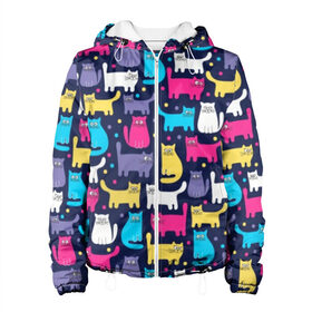Женская куртка 3D с принтом Разноцветные котики в Курске, ткань верха — 100% полиэстер, подклад — флис | прямой крой, подол и капюшон оформлены резинкой с фиксаторами, два кармана без застежек по бокам, один большой потайной карман на груди. Карман на груди застегивается на липучку | Тематика изображения на принте: blue | cat | colorful | cool | dots | kitten | paws | pink | tail | torso | white | yellow | белый | желтый | кот | котёнок | котик | котэ | кошка | лапы | прикольный | разноцветный | розовый | синий | точки | туловище | хвост