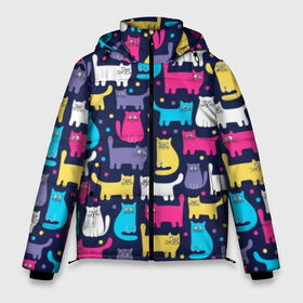 Мужская зимняя куртка 3D с принтом Разноцветные котики в Курске, верх — 100% полиэстер; подкладка — 100% полиэстер; утеплитель — 100% полиэстер | длина ниже бедра, свободный силуэт Оверсайз. Есть воротник-стойка, отстегивающийся капюшон и ветрозащитная планка. 

Боковые карманы с листочкой на кнопках и внутренний карман на молнии. | Тематика изображения на принте: blue | cat | colorful | cool | dots | kitten | paws | pink | tail | torso | white | yellow | белый | желтый | кот | котёнок | котик | котэ | кошка | лапы | прикольный | разноцветный | розовый | синий | точки | туловище | хвост