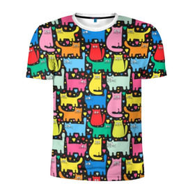Мужская футболка 3D спортивная с принтом Разноцветные котики в Курске, 100% полиэстер с улучшенными характеристиками | приталенный силуэт, круглая горловина, широкие плечи, сужается к линии бедра | blue | cat | cool | green | heart | kitten | multi colored | paws | pink | points | red | tail | torso | white | yellow | белый | желтый | зеленый | кот | котёнок | котик | котэ | кошка | красный | лапы | прикольный | разноцветный | розовый | се