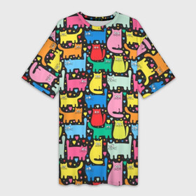 Платье-футболка 3D с принтом Разноцветные котики в Курске,  |  | Тематика изображения на принте: blue | cat | cool | green | heart | kitten | multi colored | paws | pink | points | red | tail | torso | white | yellow | белый | желтый | зеленый | кот | котёнок | котик | котэ | кошка | красный | лапы | прикольный | разноцветный | розовый | се