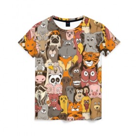 Женская футболка 3D с принтом Прикольные зверушки в Курске, 100% полиэфир ( синтетическое хлопкоподобное полотно) | прямой крой, круглый вырез горловины, длина до линии бедер | bear | cat | dinosaur | dog | elephant | giraffe | monkey | owl | panda | penguin | pig | tiger | баран | бегемот | белка | динозавр | животное | жираф | заяц | звери | зверушки | кот | лев | лиса | лошадь | медведь | олень | осел | панда | петух