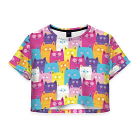 Женская футболка Cropp-top с принтом Разноцветные котики в Курске, 100% полиэстер | круглая горловина, длина футболки до линии талии, рукава с отворотами | blue | cat | colorful | cool | cute | funny | kitten | orange | paws | pink | purple | smile | tail | torso | white | yellow | белый | желтый | забавный | кот | котёнок | котик | котэ | кошка | лапы | милый | оранжевый | прикольный | разноцветны