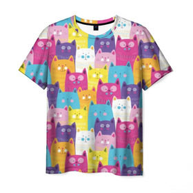 Мужская футболка 3D с принтом Разноцветные котики в Курске, 100% полиэфир | прямой крой, круглый вырез горловины, длина до линии бедер | blue | cat | colorful | cool | cute | funny | kitten | orange | paws | pink | purple | smile | tail | torso | white | yellow | белый | желтый | забавный | кот | котёнок | котик | котэ | кошка | лапы | милый | оранжевый | прикольный | разноцветны