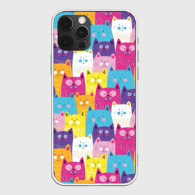Чехол для iPhone 12 Pro с принтом Разноцветные котики в Курске, силикон | область печати: задняя сторона чехла, без боковых панелей | blue | cat | colorful | cool | cute | funny | kitten | orange | paws | pink | purple | smile | tail | torso | white | yellow | белый | желтый | забавный | кот | котёнок | котик | котэ | кошка | лапы | милый | оранжевый | прикольный | разноцветны