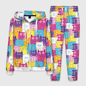 Мужской костюм 3D с принтом Разноцветные котики в Курске, 100% полиэстер | Манжеты и пояс оформлены тканевой резинкой, двухслойный капюшон со шнурком для регулировки, карманы спереди | blue | cat | colorful | cool | cute | funny | kitten | orange | paws | pink | purple | smile | tail | torso | white | yellow | белый | желтый | забавный | кот | котёнок | котик | котэ | кошка | лапы | милый | оранжевый | прикольный | разноцветны