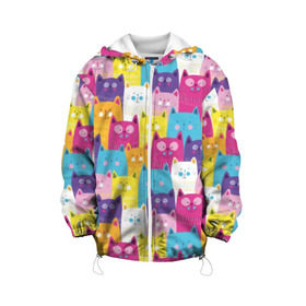 Детская куртка 3D с принтом Разноцветные котики в Курске, 100% полиэстер | застежка — молния, подол и капюшон оформлены резинкой с фиксаторами, по бокам — два кармана без застежек, один потайной карман на груди, плотность верхнего слоя — 90 г/м2; плотность флисового подклада — 260 г/м2 | blue | cat | colorful | cool | cute | funny | kitten | orange | paws | pink | purple | smile | tail | torso | white | yellow | белый | желтый | забавный | кот | котёнок | котик | котэ | кошка | лапы | милый | оранжевый | прикольный | разноцветны