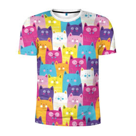 Мужская футболка 3D спортивная с принтом Разноцветные котики в Курске, 100% полиэстер с улучшенными характеристиками | приталенный силуэт, круглая горловина, широкие плечи, сужается к линии бедра | Тематика изображения на принте: blue | cat | colorful | cool | cute | funny | kitten | orange | paws | pink | purple | smile | tail | torso | white | yellow | белый | желтый | забавный | кот | котёнок | котик | котэ | кошка | лапы | милый | оранжевый | прикольный | разноцветны