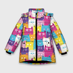 Зимняя куртка для девочек 3D с принтом Разноцветные котики в Курске, ткань верха — 100% полиэстер; подклад — 100% полиэстер, утеплитель — 100% полиэстер. | длина ниже бедра, удлиненная спинка, воротник стойка и отстегивающийся капюшон. Есть боковые карманы с листочкой на кнопках, утяжки по низу изделия и внутренний карман на молнии. 

Предусмотрены светоотражающий принт на спинке, радужный светоотражающий элемент на пуллере молнии и на резинке для утяжки. | Тематика изображения на принте: blue | cat | colorful | cool | cute | funny | kitten | orange | paws | pink | purple | smile | tail | torso | white | yellow | белый | желтый | забавный | кот | котёнок | котик | котэ | кошка | лапы | милый | оранжевый | прикольный | разноцветны