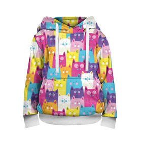 Детская толстовка 3D с принтом Разноцветные котики в Курске, 100% полиэстер | двухслойный капюшон со шнурком для регулировки, мягкие манжеты на рукавах и по низу толстовки, спереди карман-кенгуру с мягким внутренним слоем | Тематика изображения на принте: blue | cat | colorful | cool | cute | funny | kitten | orange | paws | pink | purple | smile | tail | torso | white | yellow | белый | желтый | забавный | кот | котёнок | котик | котэ | кошка | лапы | милый | оранжевый | прикольный | разноцветны