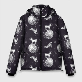 Мужская зимняя куртка 3D с принтом Собаки - астронавты в Курске, верх — 100% полиэстер; подкладка — 100% полиэстер; утеплитель — 100% полиэстер | длина ниже бедра, свободный силуэт Оверсайз. Есть воротник-стойка, отстегивающийся капюшон и ветрозащитная планка. 

Боковые карманы с листочкой на кнопках и внутренний карман на молнии. | Тематика изображения на принте: astronaut | black | breed | chihuahua | dog | flight | galaxy | helmet | planet | space | spacesuit | white | астронавт | белый | галактика | космос | пёс | планета | полёт | порода | скафандр | собака | черный | чихуахуа | шлем