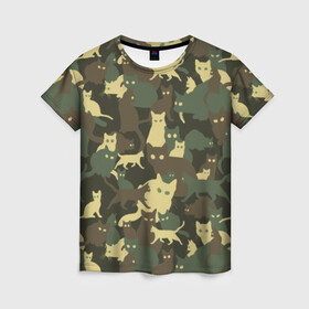 Женская футболка 3D с принтом Кошачий камуфляж в Курске, 100% полиэфир ( синтетическое хлопкоподобное полотно) | прямой крой, круглый вырез горловины, длина до линии бедер | animal | camouflage | cat | funny | green | khaki | marsh | silhouette | болотный | животное | забавный | зеленый | камуфляж | кот | котик | силуэт | хаки