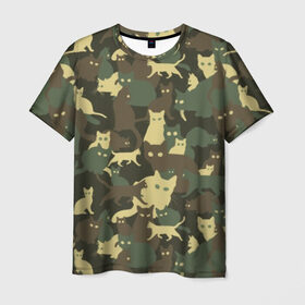 Мужская футболка 3D с принтом Кошачий камуфляж в Курске, 100% полиэфир | прямой крой, круглый вырез горловины, длина до линии бедер | animal | camouflage | cat | funny | green | khaki | marsh | silhouette | болотный | животное | забавный | зеленый | камуфляж | кот | котик | силуэт | хаки