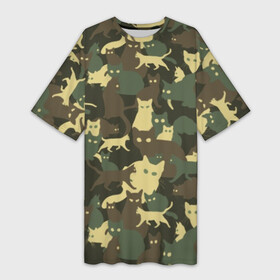 Платье-футболка 3D с принтом Кошачий камуфляж в Курске,  |  | animal | camouflage | cat | funny | green | khaki | marsh | silhouette | болотный | животное | забавный | зеленый | камуфляж | кот | котик | силуэт | хаки