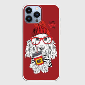 Чехол для iPhone 13 Pro Max с принтом Happy coffee day в Курске,  |  | animal | breed | coffee | coffee lover | dog | hat | red | slogan | spaniel | text | white | белый | животное | кофе | кофеман | красный | очки | порода | слоган | собака | спаниель | текст | шапка