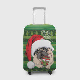 Чехол для чемодана 3D с принтом Holly Jolly в Курске, 86% полиэфир, 14% спандекс | двустороннее нанесение принта, прорези для ручек и колес | animal | breed | christmas | cozy | dog | family | green | holiday | home | new year | pug | red | tree | white | winter | белый | домашний | ёлки | животное | зеленый | зима | красный | мопс | новый год | порода | праздник | рождество | семейный | собака