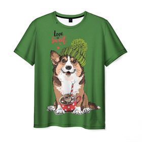 Мужская футболка 3D с принтом Love is sweet в Курске, 100% полиэфир | прямой крой, круглый вырез горловины, длина до линии бедер | animal | breed | brown | corgi | cute | dog | funny | green | hat | heart | slogan | text | white | белый | животное | забавный | зеленый | корги | коричневый | милый | пёс | порода | сердце | слоган | собака | текст | шапка