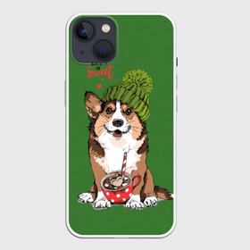 Чехол для iPhone 13 с принтом Love is sweet в Курске,  |  | animal | breed | brown | corgi | cute | dog | funny | green | hat | heart | slogan | text | white | белый | животное | забавный | зеленый | корги | коричневый | милый | пёс | порода | сердце | слоган | собака | текст | шапка