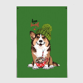 Постер с принтом Love is sweet в Курске, 100% бумага
 | бумага, плотность 150 мг. Матовая, но за счет высокого коэффициента гладкости имеет небольшой блеск и дает на свету блики, но в отличии от глянцевой бумаги не покрыта лаком | animal | breed | brown | corgi | cute | dog | funny | green | hat | heart | slogan | text | white | белый | животное | забавный | зеленый | корги | коричневый | милый | пёс | порода | сердце | слоган | собака | текст | шапка