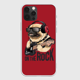 Чехол для iPhone 12 Pro Max с принтом On the rock в Курске, Силикон |  | Тематика изображения на принте: animal | black | breed | cool | dog | guitar | headphones | motto | music | pug | red | rock | rock star | slogan | text | гитара | девиз | животное | красный | крутой | мопс | музыка | наушники | очки | порода | рок | рок звезда | слоган | соба