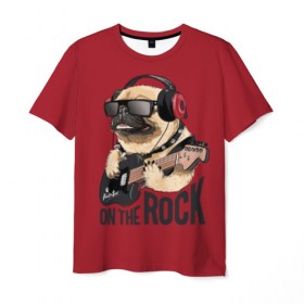 Мужская футболка 3D с принтом On the rock в Курске, 100% полиэфир | прямой крой, круглый вырез горловины, длина до линии бедер | animal | black | breed | cool | dog | guitar | headphones | motto | music | pug | red | rock | rock star | slogan | text | гитара | девиз | животное | красный | крутой | мопс | музыка | наушники | очки | порода | рок | рок звезда | слоган | соба