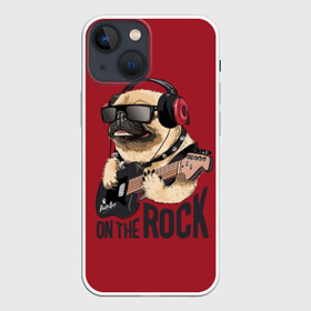 Чехол для iPhone 13 mini с принтом On the rock в Курске,  |  | Тематика изображения на принте: animal | black | breed | cool | dog | guitar | headphones | motto | music | pug | red | rock | rock star | slogan | text | гитара | девиз | животное | красный | крутой | мопс | музыка | наушники | очки | порода | рок | рок звезда | слоган | соба