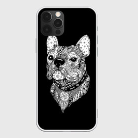 Чехол для iPhone 12 Pro Max с принтом Бульдог в Курске, Силикон |  | animal | black | bone | breed | bulldog | collar | dog | drawing | ethnic | eyes | look | muzzle | pattern | white | zendudl | белый | бульдог | взгляд | глаза | животное | зендудл | кость | ошейник | пёс | порода | рисунок | собака | узор | черны