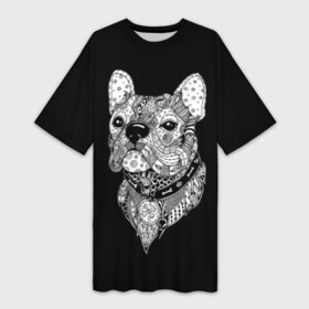 Платье-футболка 3D с принтом Бульдог в Курске,  |  | animal | black | bone | breed | bulldog | collar | dog | drawing | ethnic | eyes | look | muzzle | pattern | white | zendudl | белый | бульдог | взгляд | глаза | животное | зендудл | кость | ошейник | пёс | порода | рисунок | собака | узор | черны