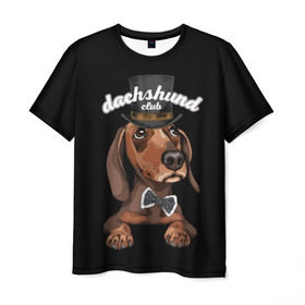Мужская футболка 3D с принтом Такса в цилиндре в Курске, 100% полиэфир | прямой крой, круглый вырез горловины, длина до линии бедер | animal | black | bowtie | breed | brown | cool | cylinder | dachshund | dog | gentleman | muzzle | white | белый | галстук  бабочка | джентльмен | животное | коричневый | порода | прикольный | собака | такса | цилиндр | черный