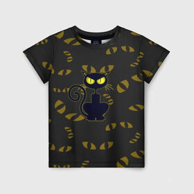 Детская футболка 3D с принтом Смотрящий кот в Курске, 100% гипоаллергенный полиэфир | прямой крой, круглый вырез горловины, длина до линии бедер, чуть спущенное плечо, ткань немного тянется | 3d | абстракция | анимация | глаза | желтые | смотрящий  кот | черный