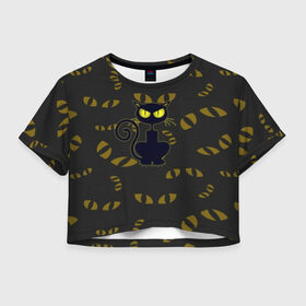 Женская футболка Cropp-top с принтом Смотрящий кот в Курске, 100% полиэстер | круглая горловина, длина футболки до линии талии, рукава с отворотами | 3d | абстракция | анимация | глаза | желтые | смотрящий  кот | черный