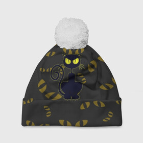 Шапка 3D c помпоном с принтом Смотрящий  кот в Курске, 100% полиэстер | универсальный размер, печать по всей поверхности изделия | 3d | абстракция | анимация | глаза | желтые | смотрящий  кот | черный