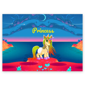 Поздравительная открытка с принтом Единорог принцессы в Курске, 100% бумага | плотность бумаги 280 г/м2, матовая, на обратной стороне линовка и место для марки
 | Тематика изображения на принте: pony | грива | девочка | единорог | конь | копыта | красивая | лошадка | лошадь | милая | пони | природа закат | радуга