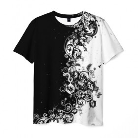 Мужская футболка 3D с принтом Черно-белый узор. в Курске, 100% полиэфир | прямой крой, круглый вырез горловины, длина до линии бедер | 3d | bkack whate | листья | текстура | узор | черно белое