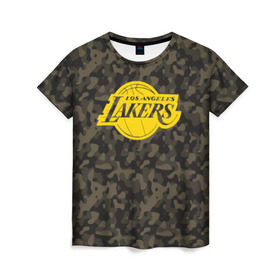 Женская футболка 3D с принтом Los Angeles Lakers Camo Gold в Курске, 100% полиэфир ( синтетическое хлопкоподобное полотно) | прямой крой, круглый вырез горловины, длина до линии бедер | 