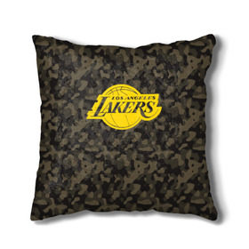 Подушка 3D с принтом Los Angeles Lakers Camo Gold в Курске, наволочка – 100% полиэстер, наполнитель – холлофайбер (легкий наполнитель, не вызывает аллергию). | состоит из подушки и наволочки. Наволочка на молнии, легко снимается для стирки | 